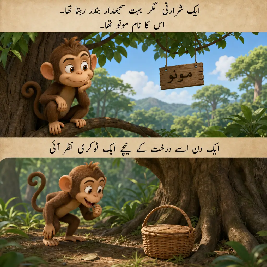 Clever monkey named Mono finds a basket under a tree