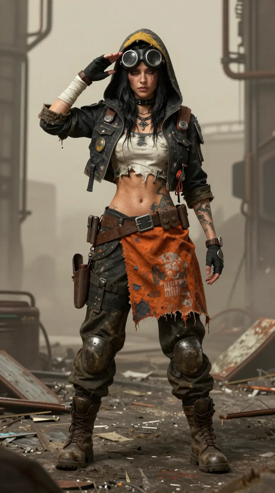 Post apocalyptic woman in industrial alleyway portrait
