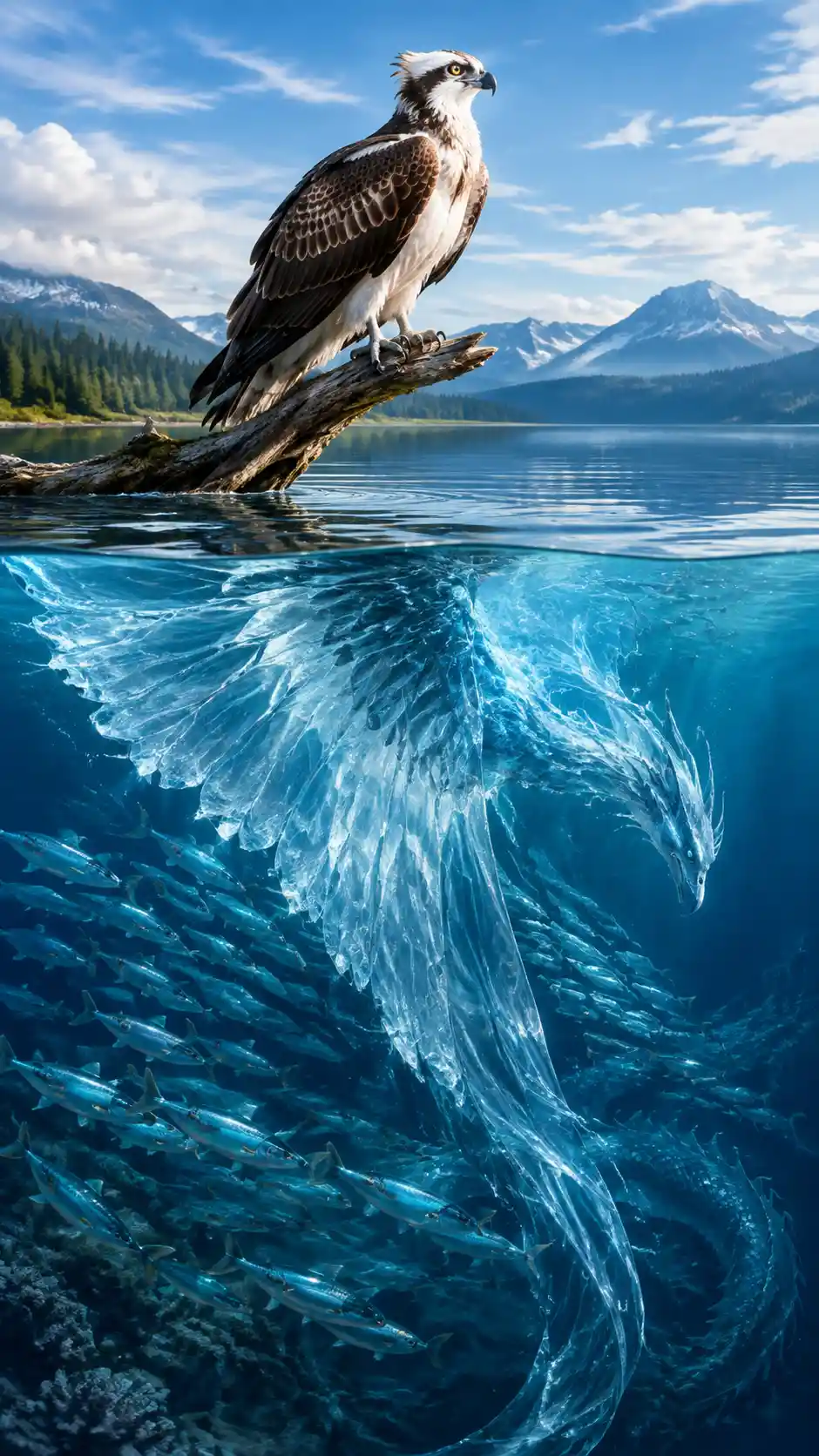 Surreal osprey above a calm lake with mirrored water wings