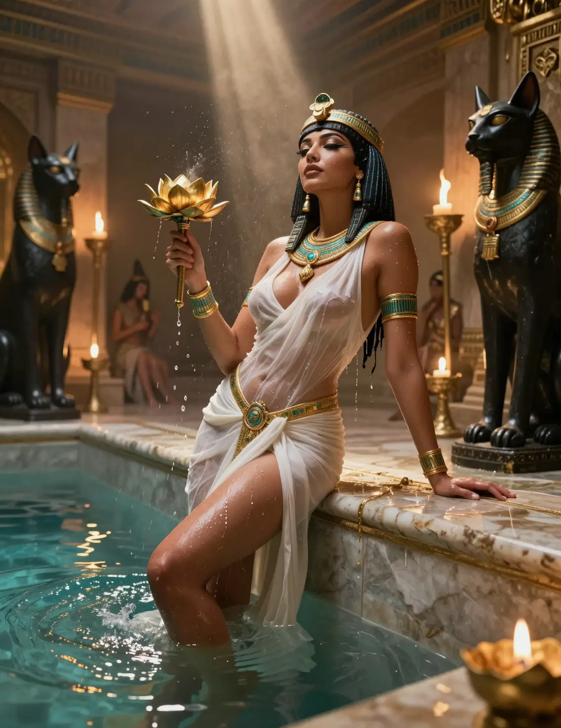 Egyptian queen in a steamy royal bathhouse