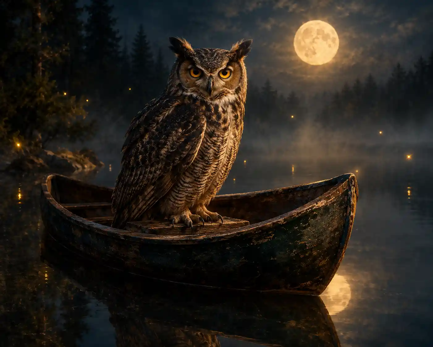 Great horned owl in a rowboat on a moonlit forest lake