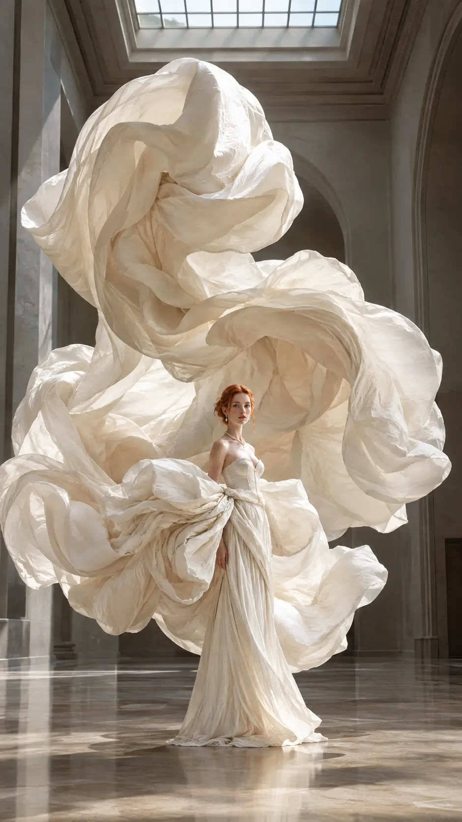 Red haired woman in floating couture gown in gallery