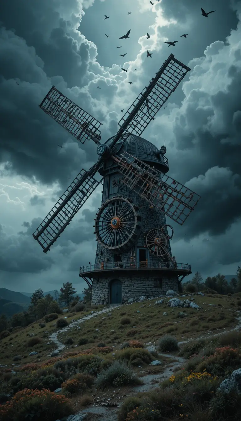 Colossal storm powered windmill on a cracked barren landscape
