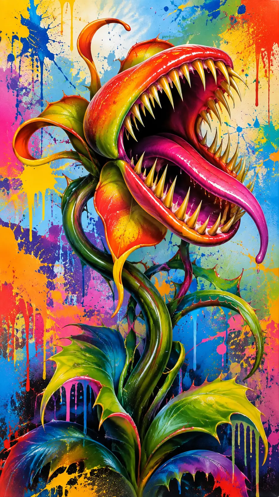 Surreale Airbrush-Illustration einer seltsamen fleischfressenden Pflanze