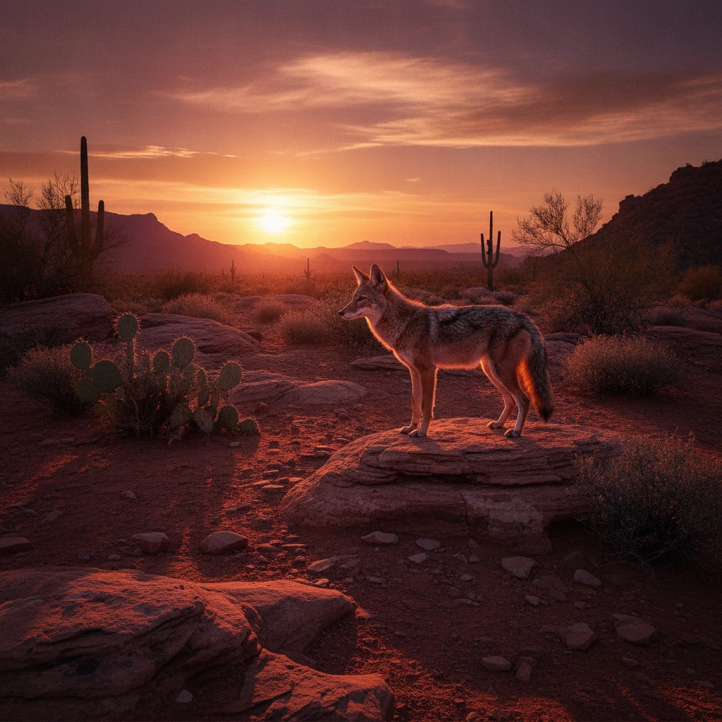 Coyote Standing In Rocky Desert At Warm Sunset Light
