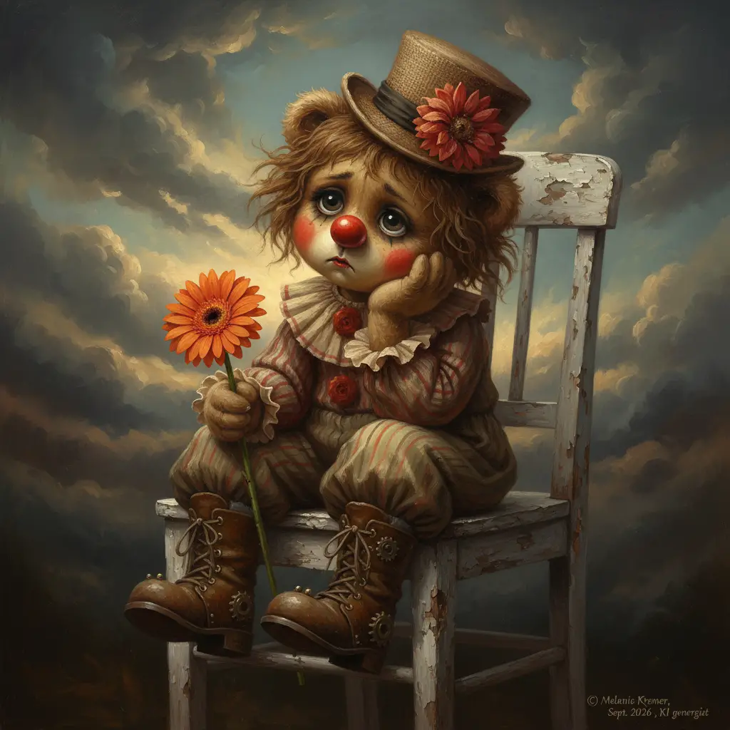 Melancholic teddy bear clown with orange flower on chair