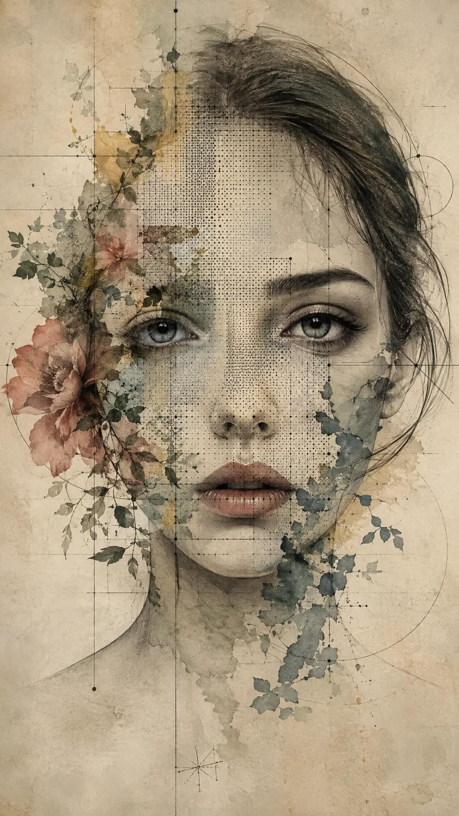 Surreal female portrait with fragmented data and botanicals