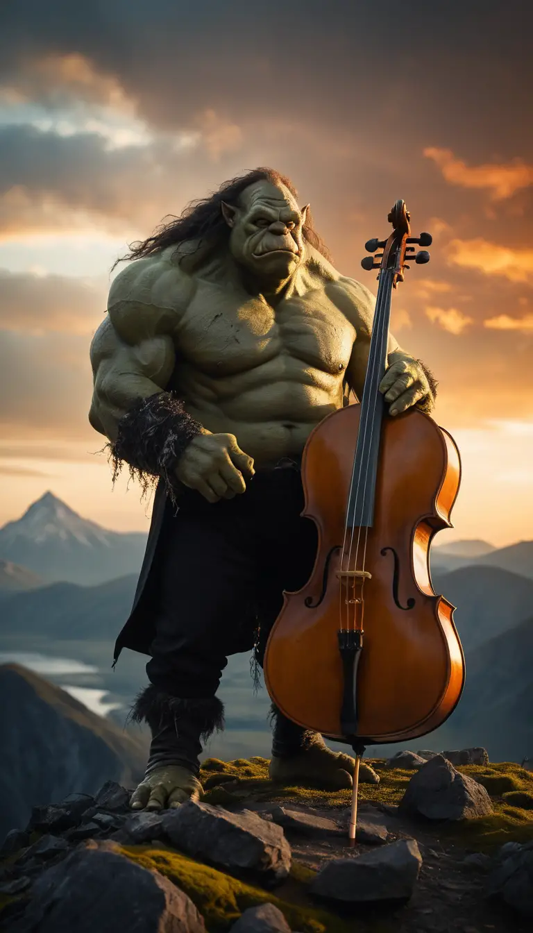 Ogre Cellist On A Mountain Plateau At Sunset