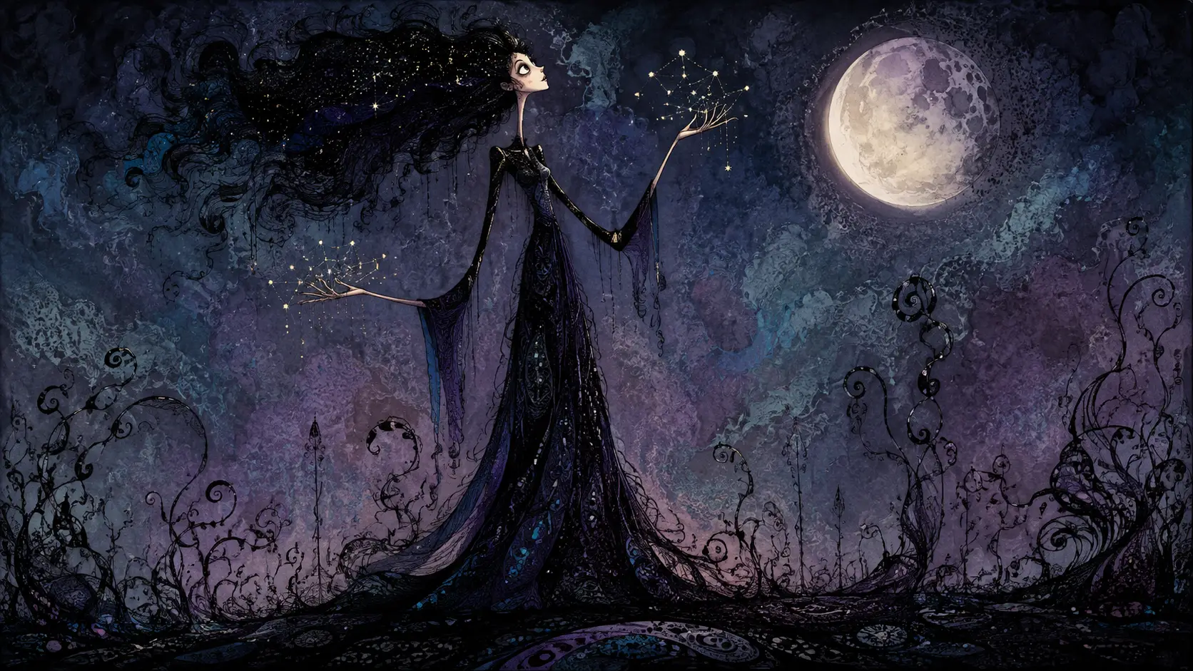 Surreal tall woman in a moonlit abstract landscape