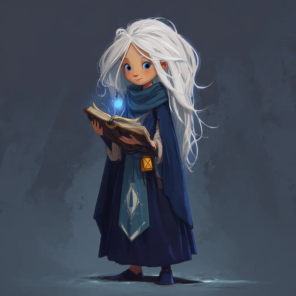 Gnome wizard girl with ivory hair and sapphire eyes