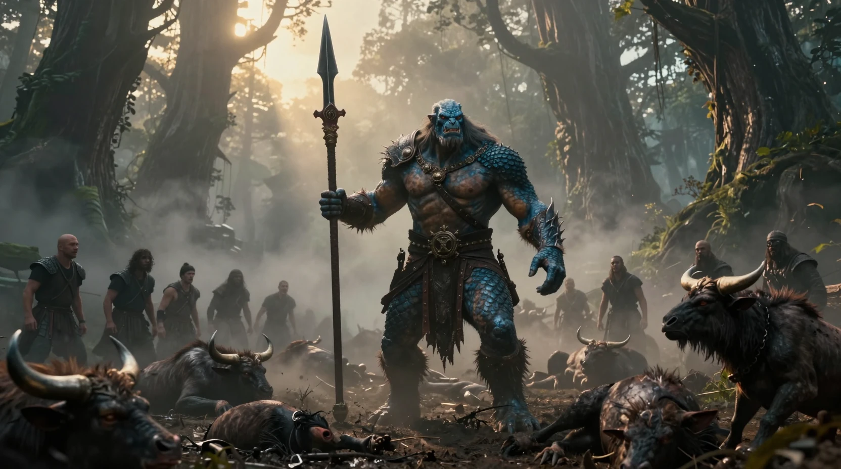 Blue beastman warrior victorious in a foggy forest battlefield