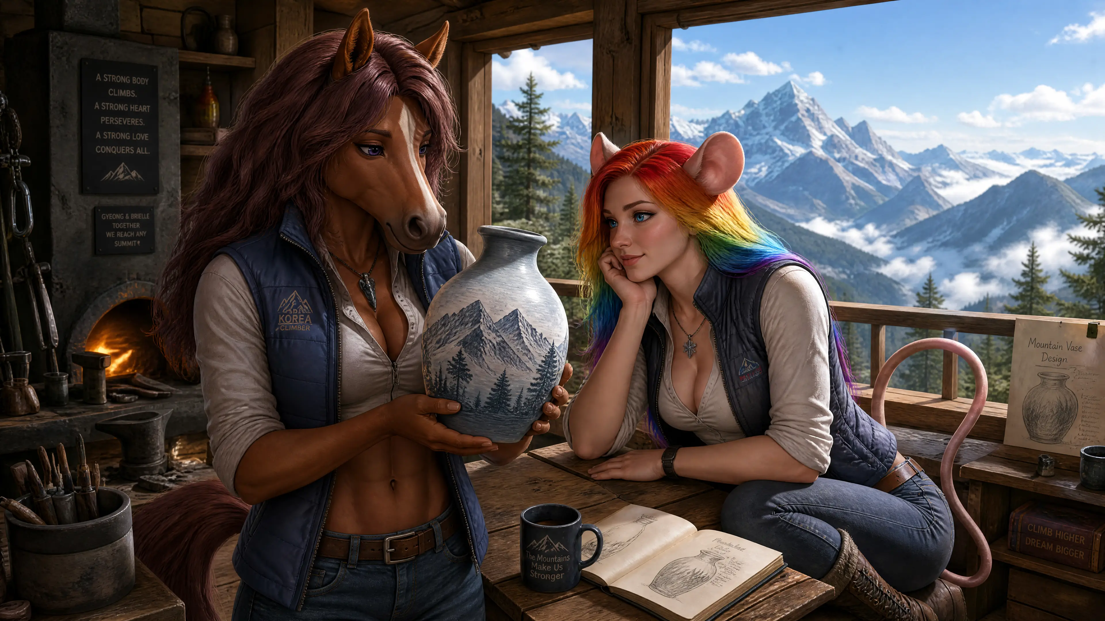 Anthro horse woman admiring a handmade mountain vase