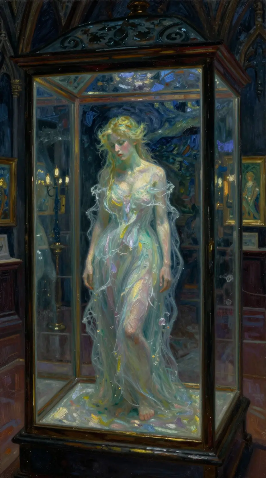 Melancholic Fairy Trapped In A Crystal Case In Gothic Museum
