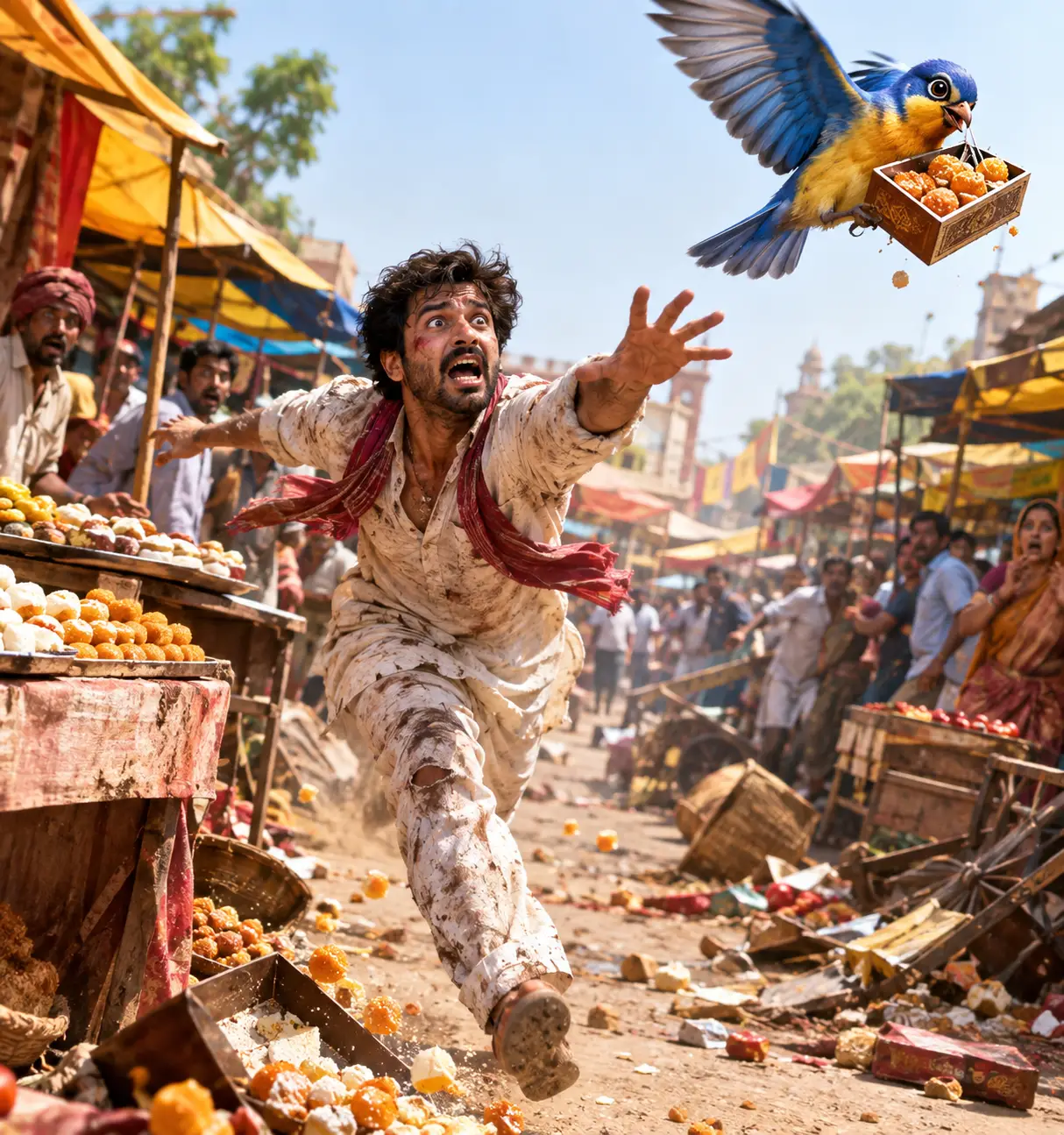 Man chasing a bird stealing sweets in a busy market