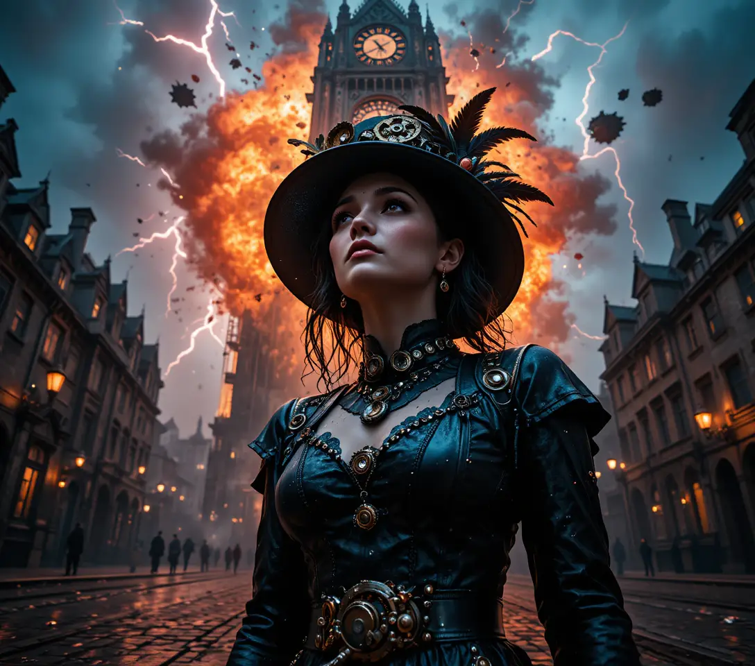 Sorrowful woman in rain beneath exploding gothic clock tower