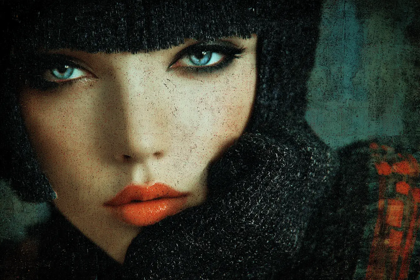 Retrato surreal de mujer de lana con impactantes ojos azul verdoso