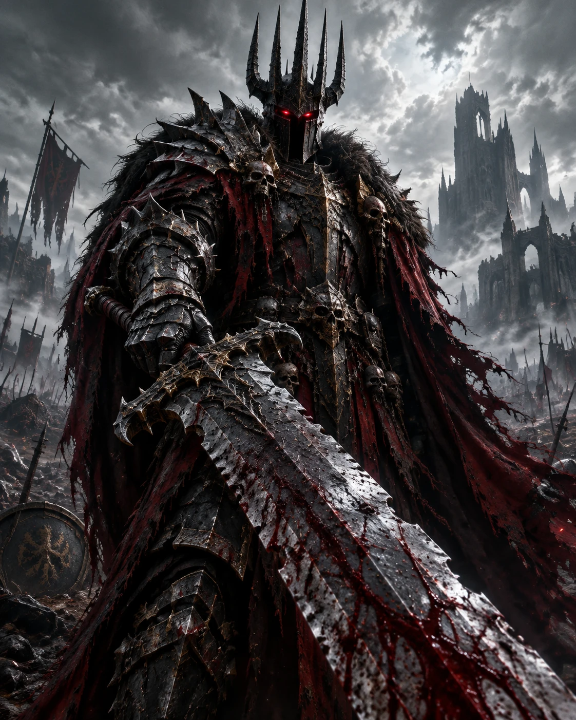 Dark warlord in armor on a ruined medieval battlefield