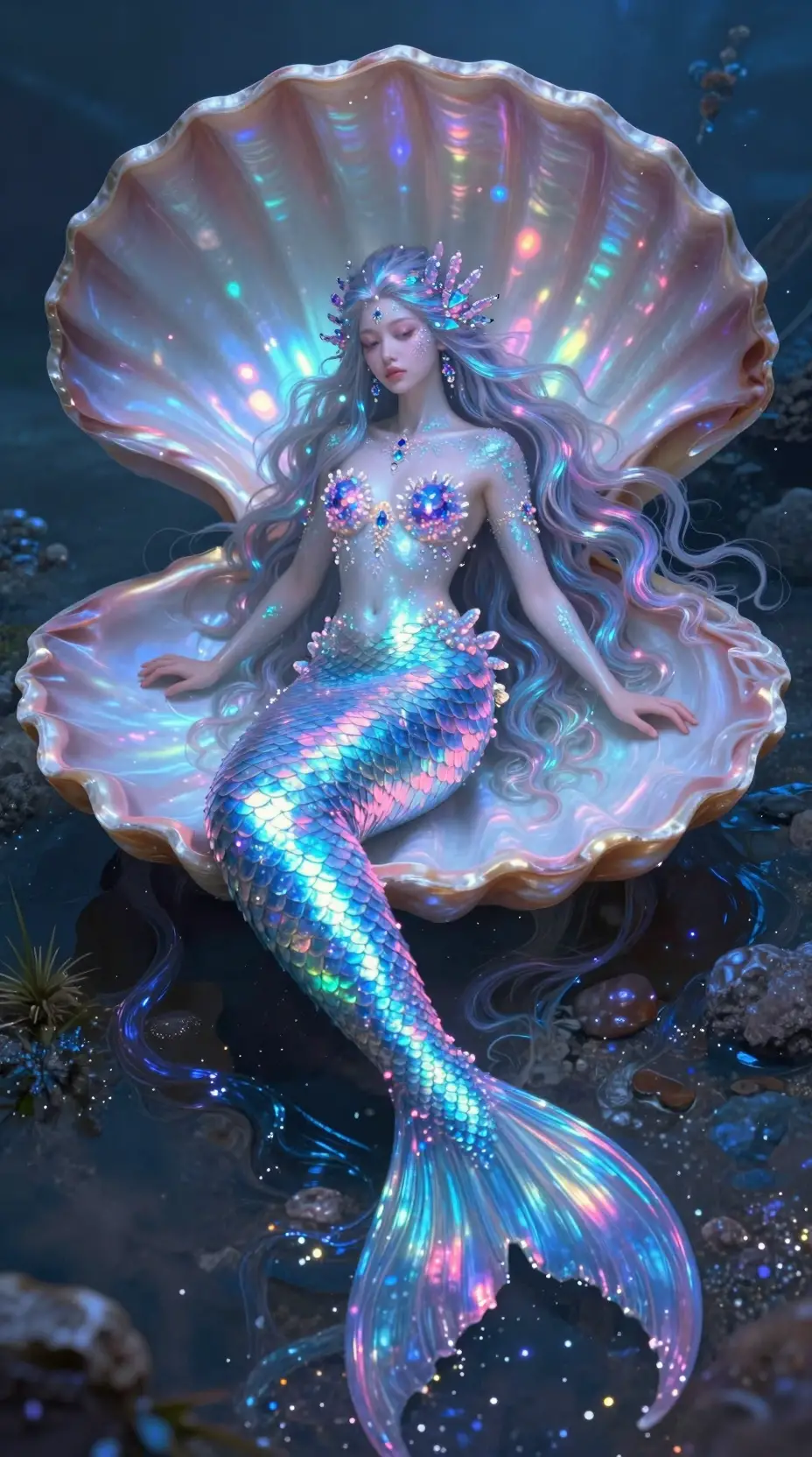 Mystical mermaid rising from a glowing pearl conch shell