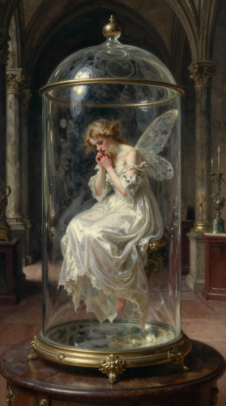 Melancholic fairy curled inside a glass vitrine in museum