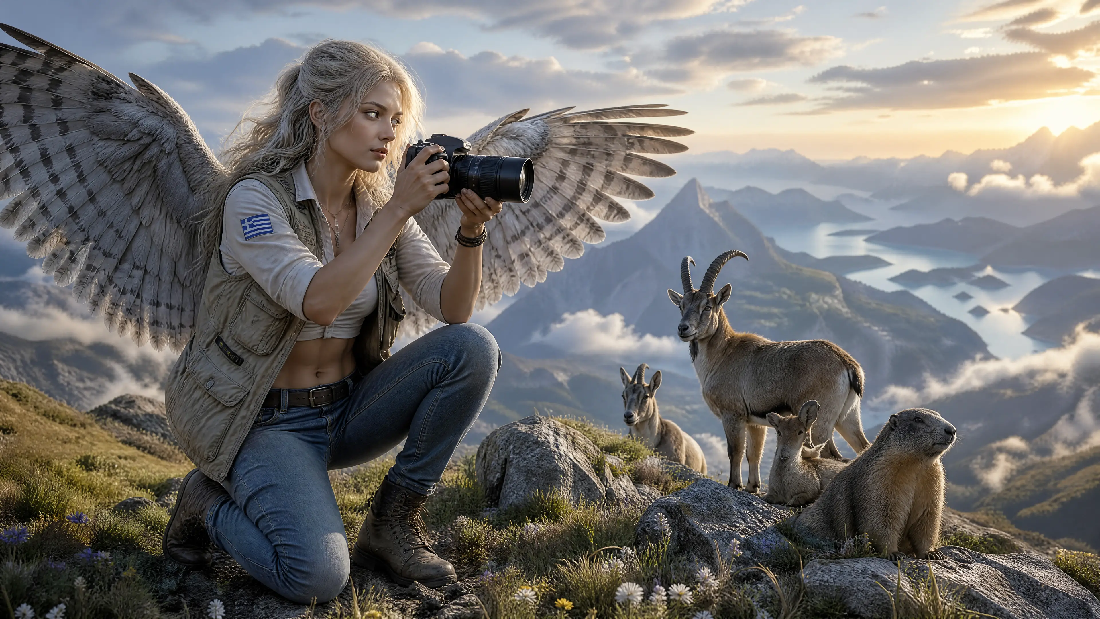 Young woman photographer on a mountain top with animals