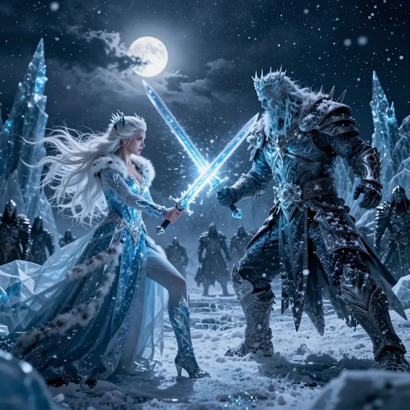 Ice queen dueling a dark king in frozen moonlit wasteland