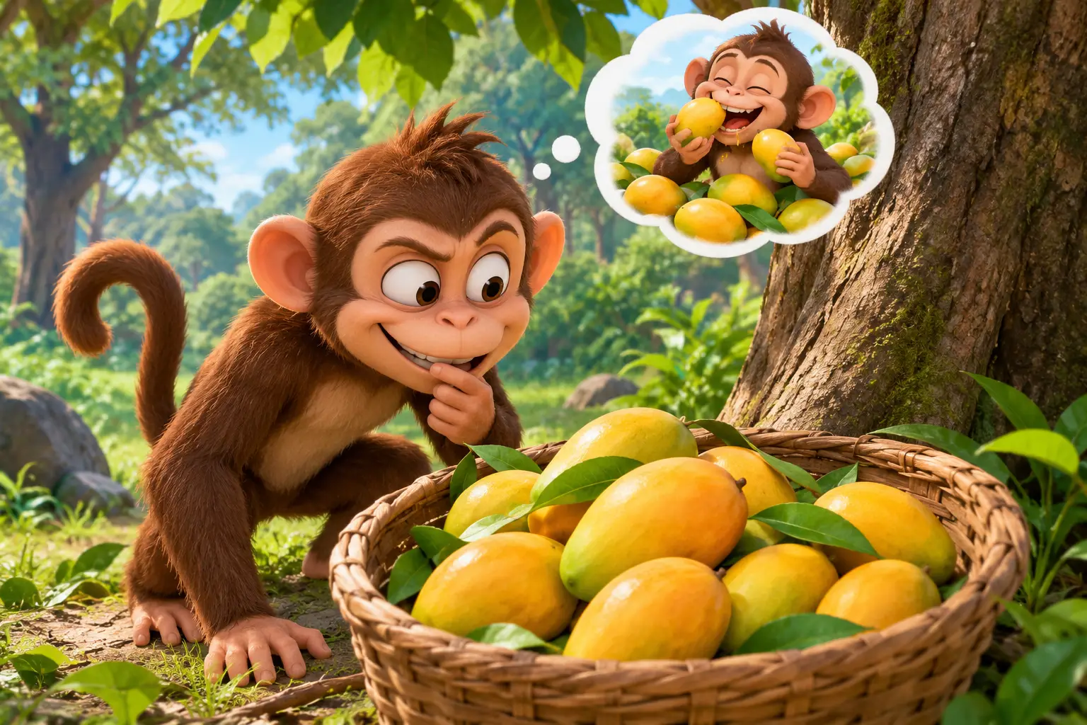 Mischievous monkey finds a basket of mangoes in forest