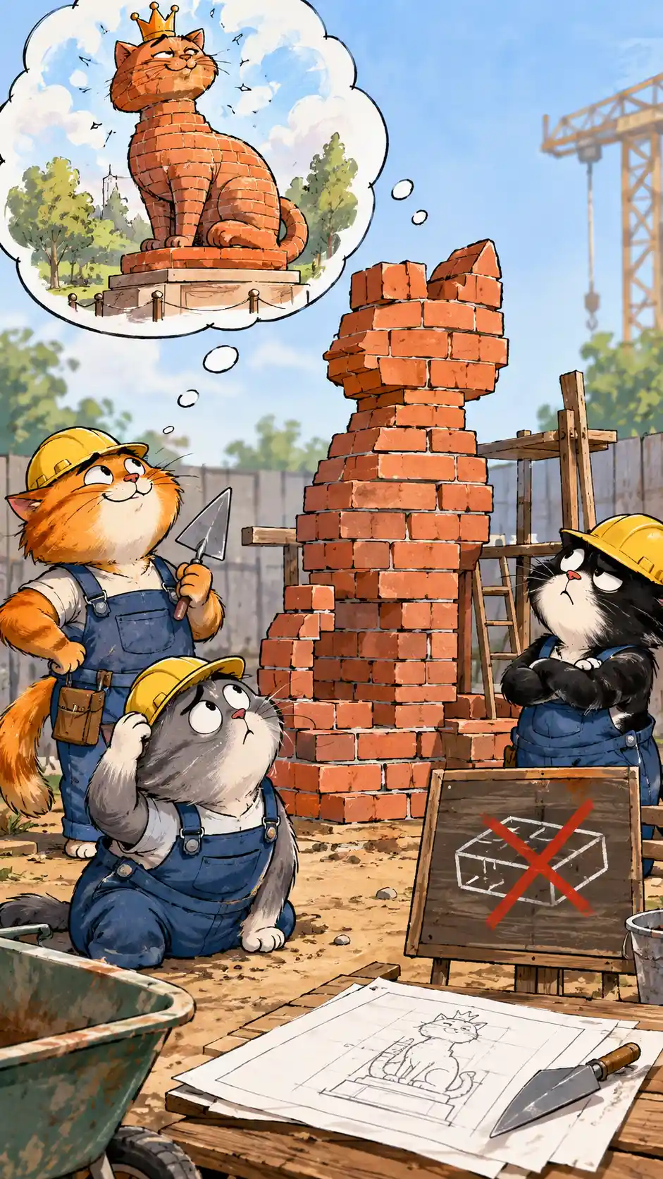 Humorous cartoon cats as bricklaying builders in satire style