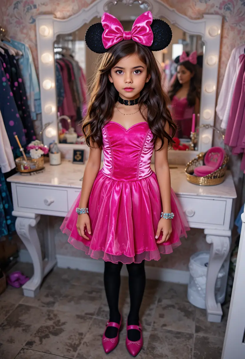Tween boy in princess costume posing by bedroom vanity