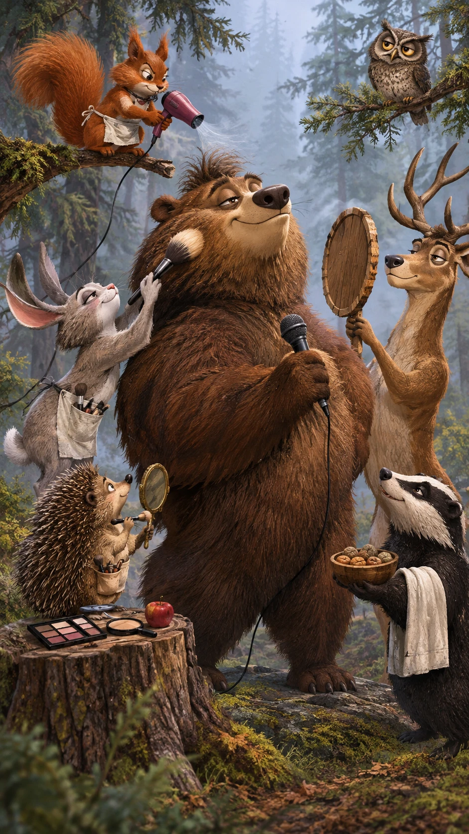 Spoiled brown bear pampered by forest animals in misty pines