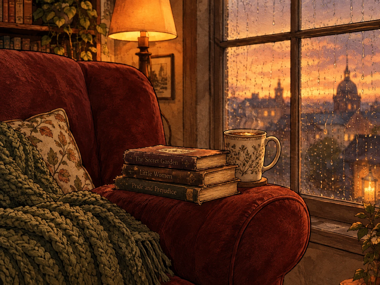 Cozy Armchair By A Rainy Dusk Window With Warm Lamp Light