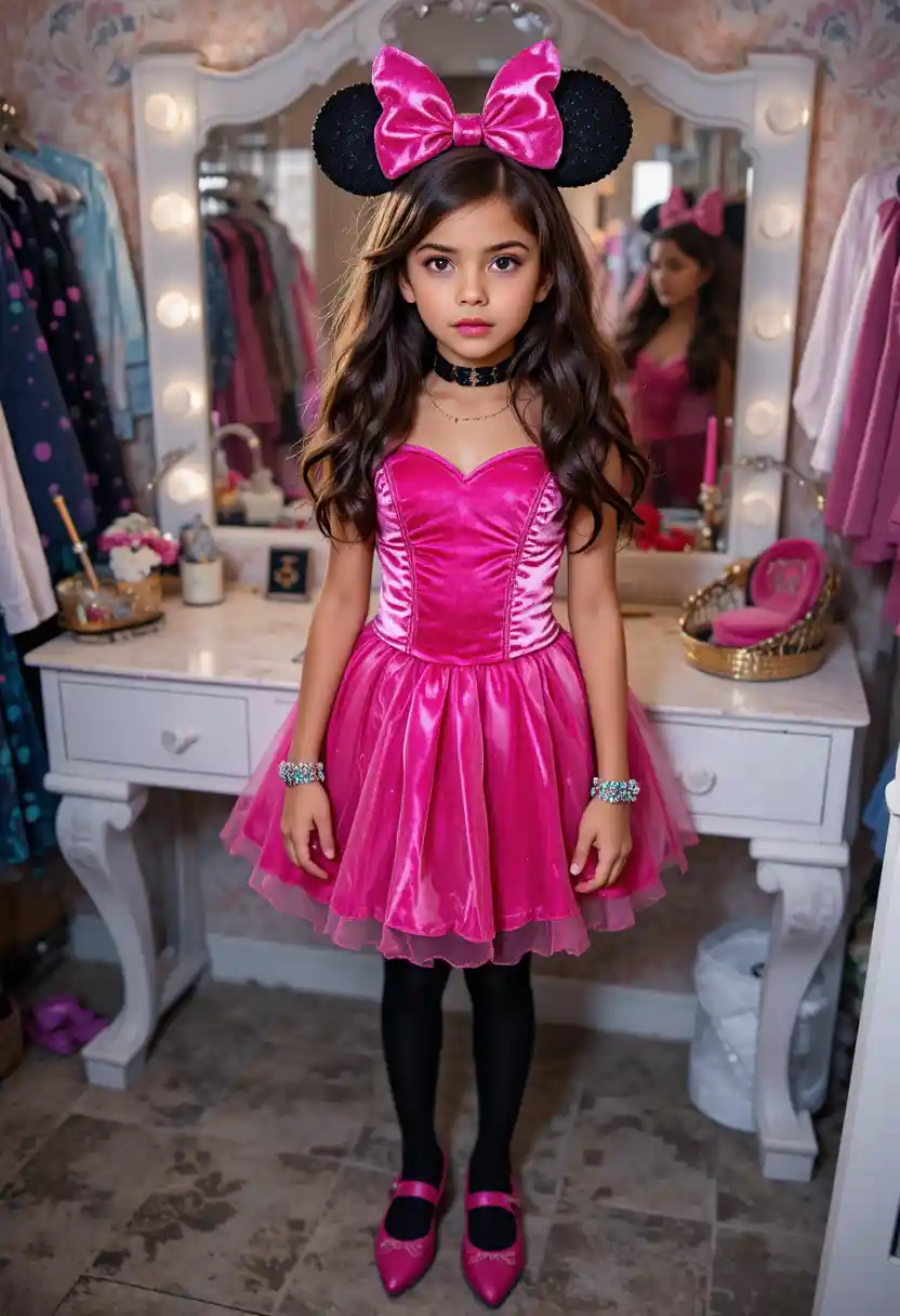 Tween boy in princess costume posing by bedroom vanity