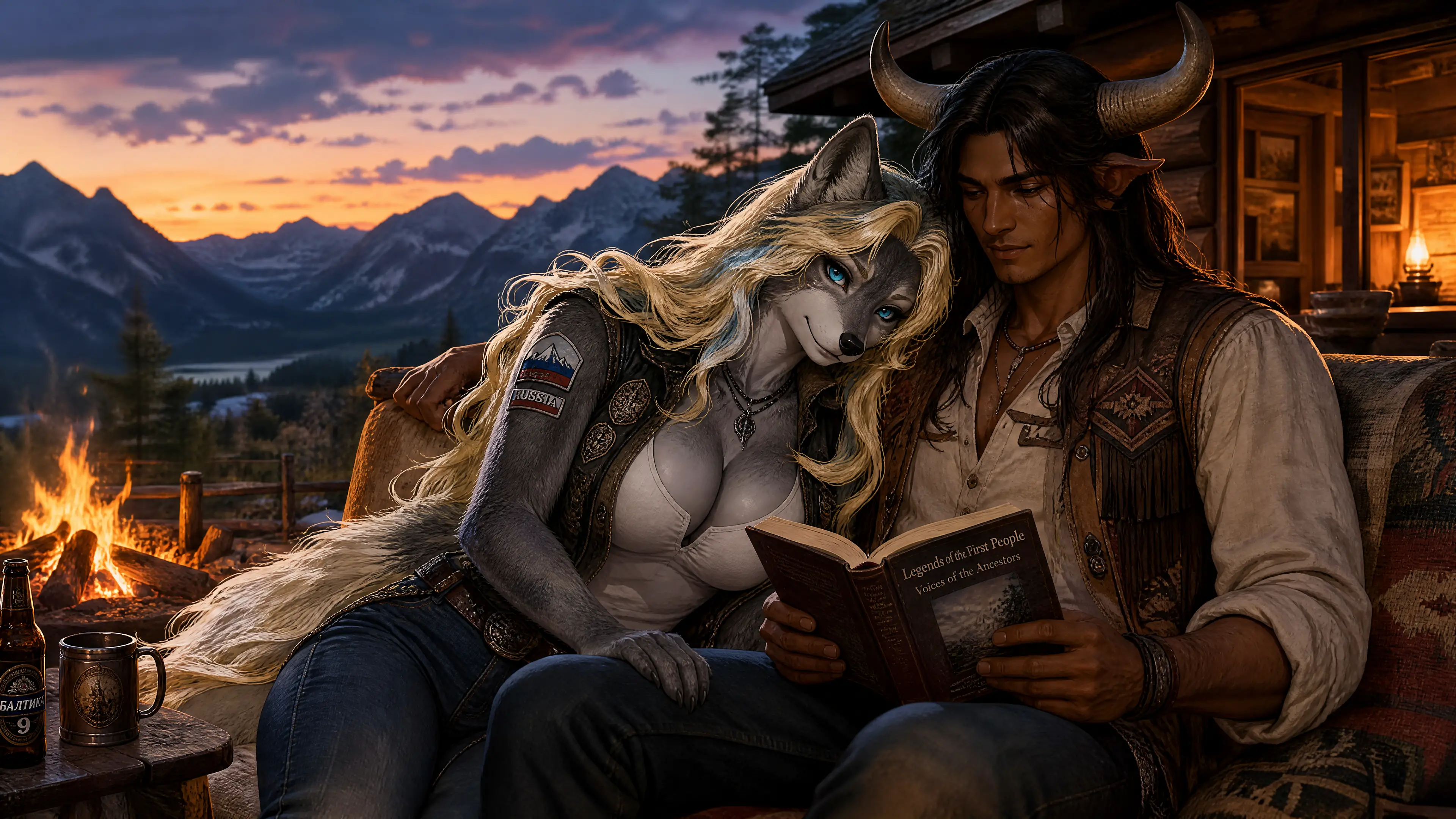 Wolf woman and horned man reading by campfire