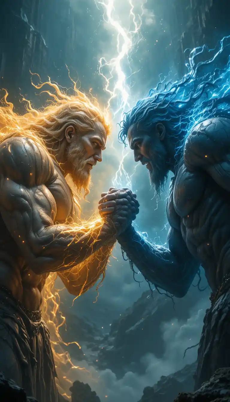 Colossal light and dark titans in an epic arm wrestle