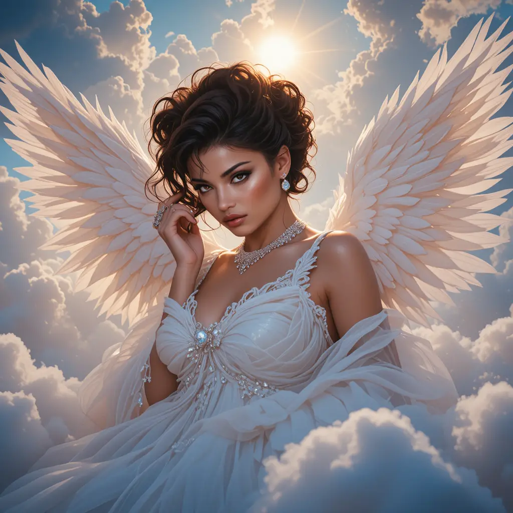 Angel woman in white gown resting among glowing clouds