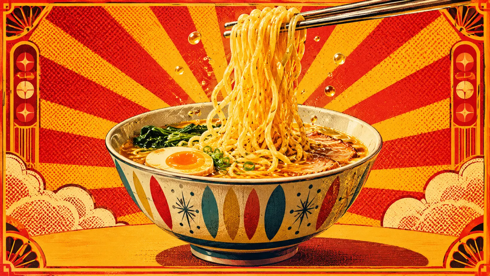 Retro pop art bowl of noodles with chrome chopsticks