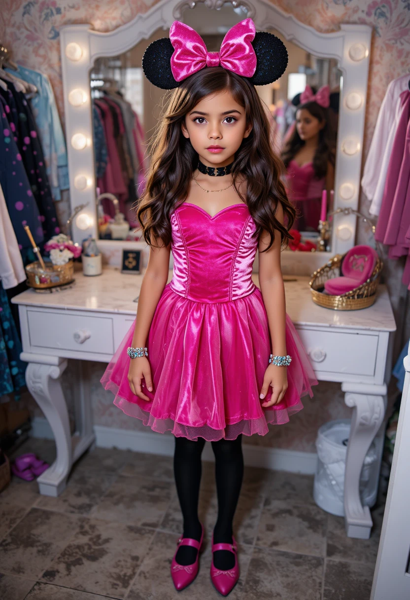 Tween boy in princess costume posing by bedroom vanity