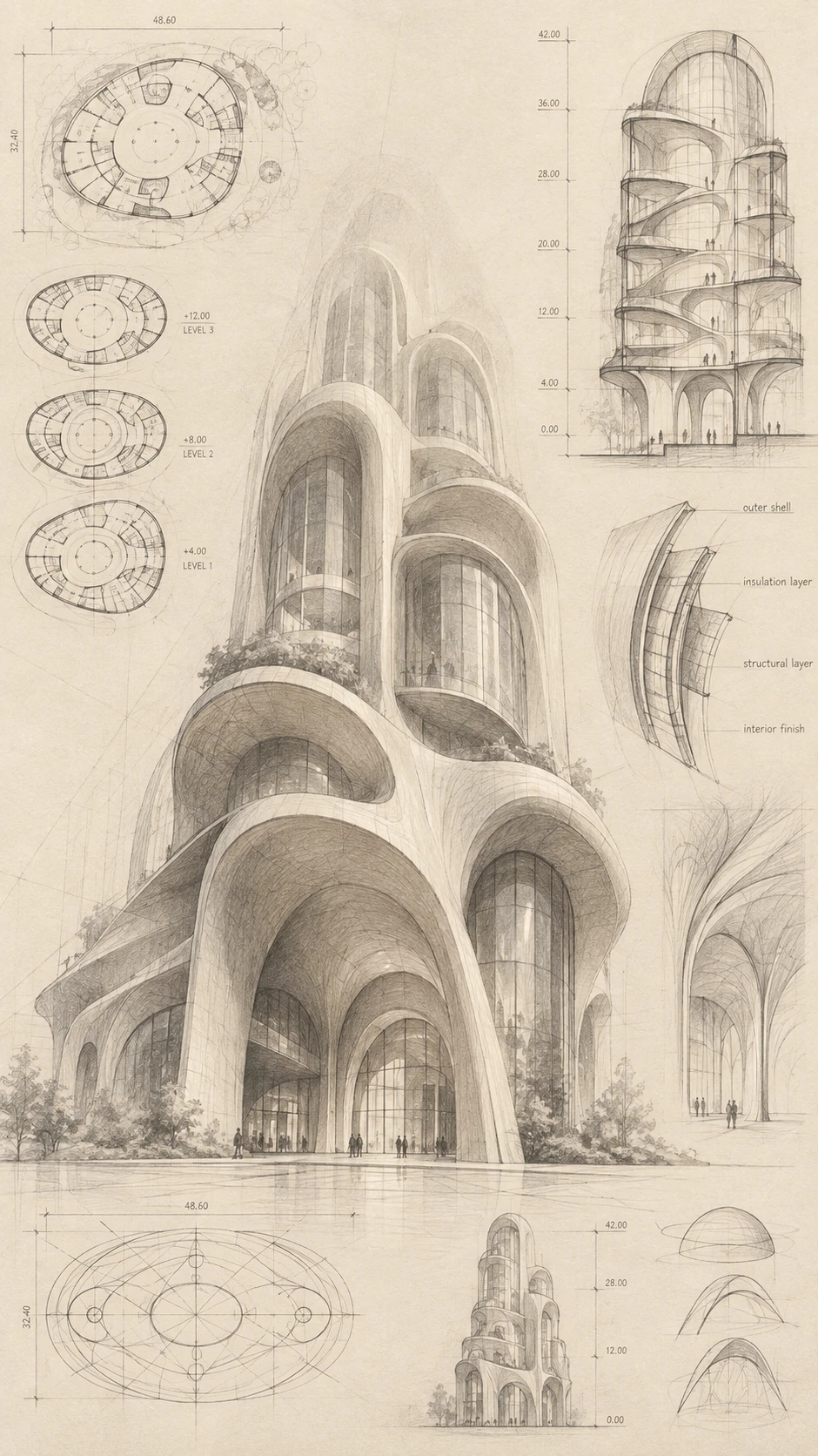 Croquis architectural en graphite d’un pavillon courbe imposant