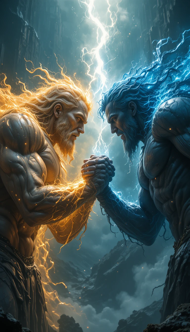 Colossal light and dark titans in an epic arm wrestle