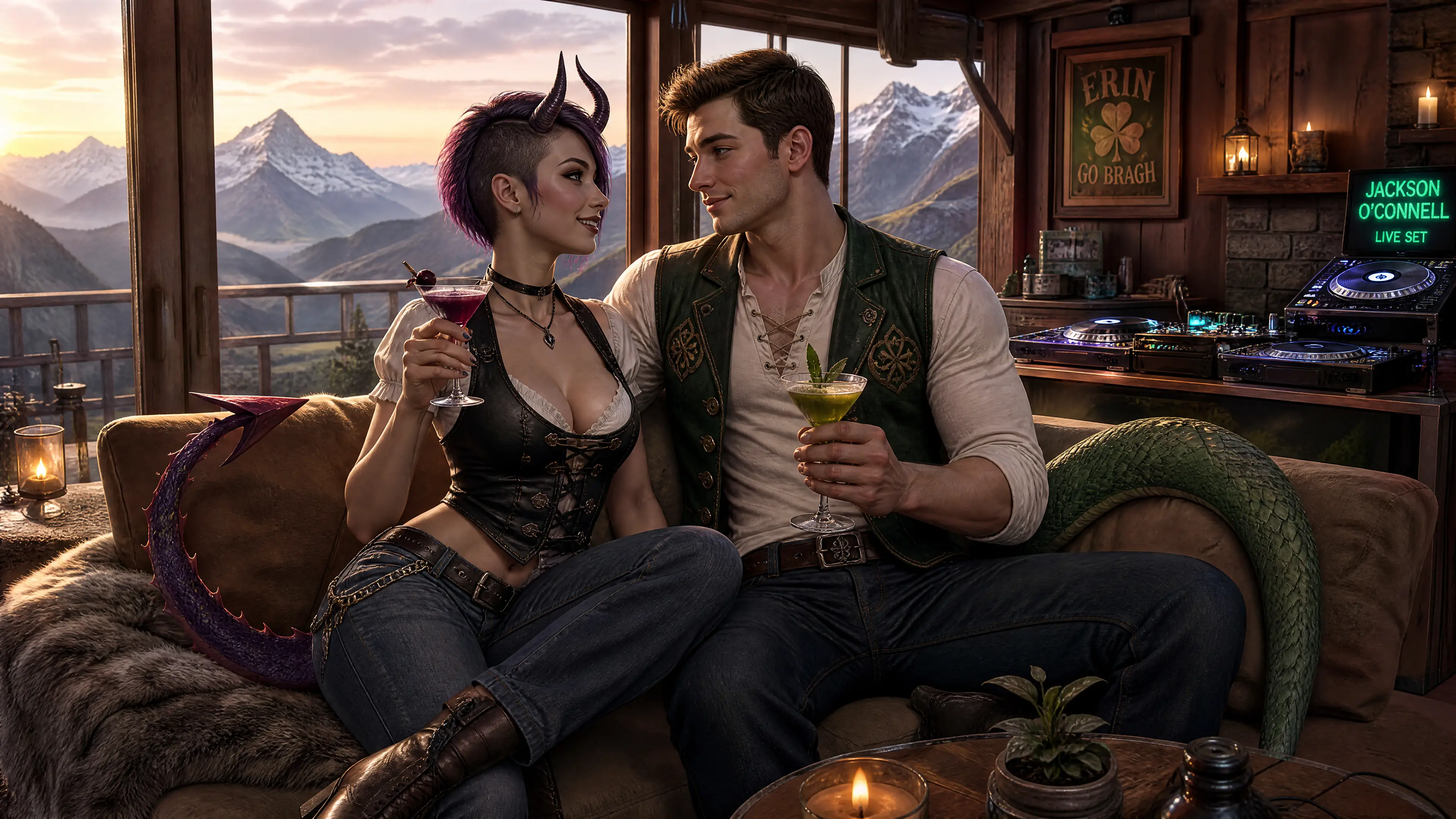 Fantasy couple sharing cocktails in a cozy mountain cabin