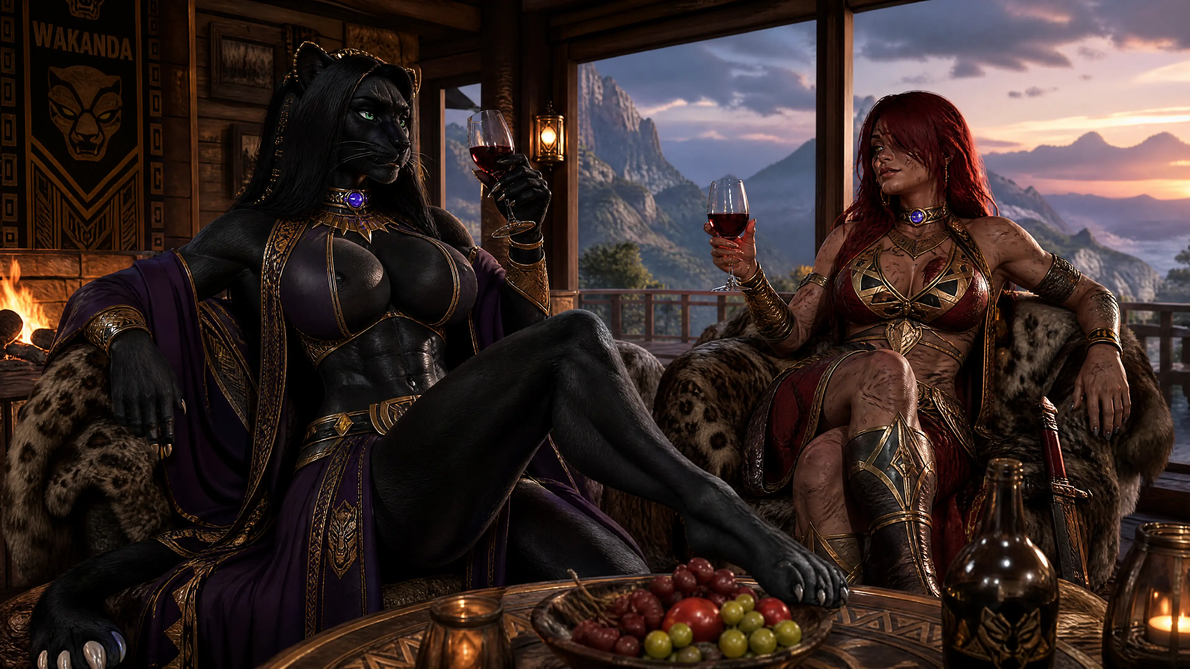 Two warrior queens sharing wine in a mountain cabin
