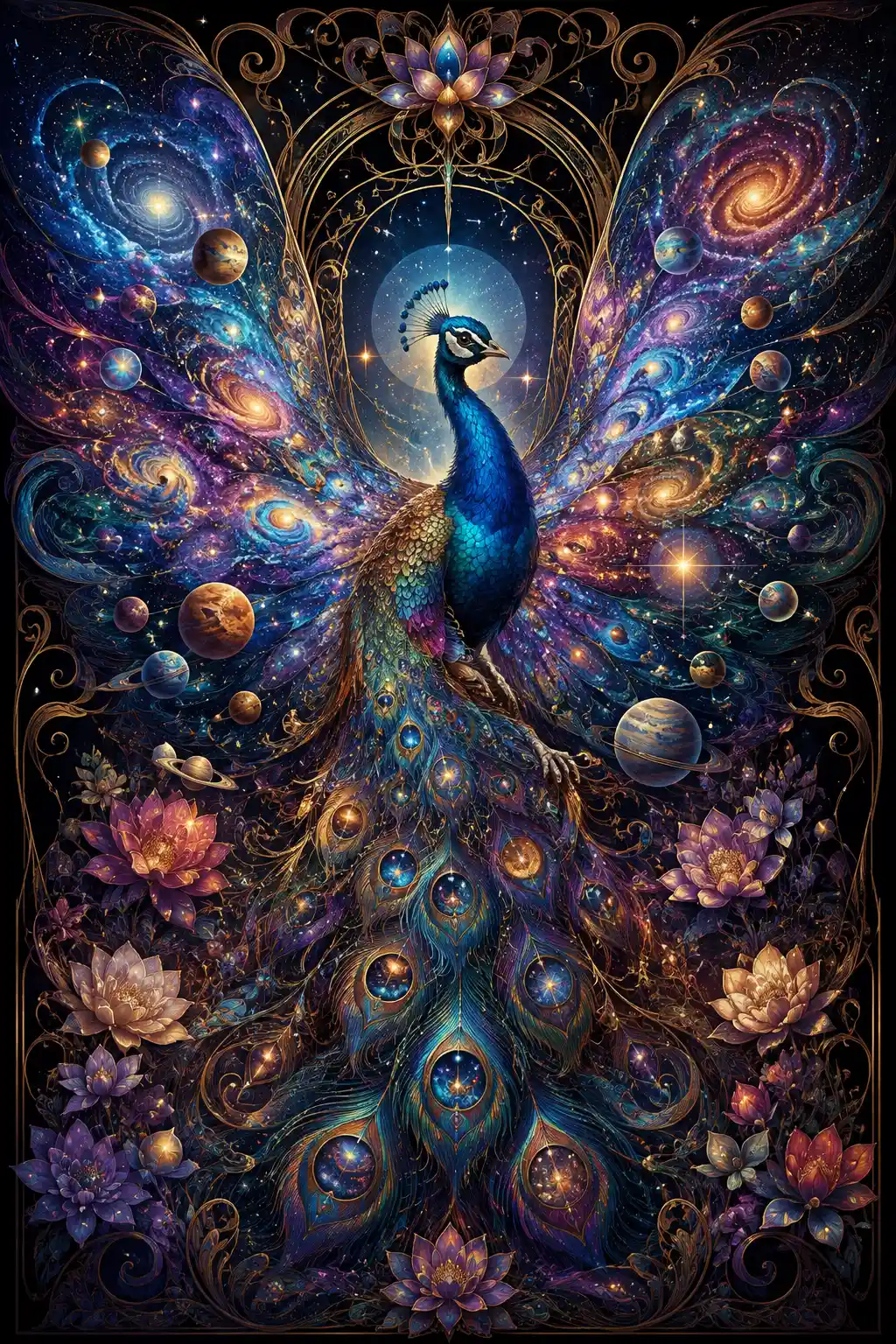 Pavo real cósmico con alas de galaxia en el luminoso espacio exterior