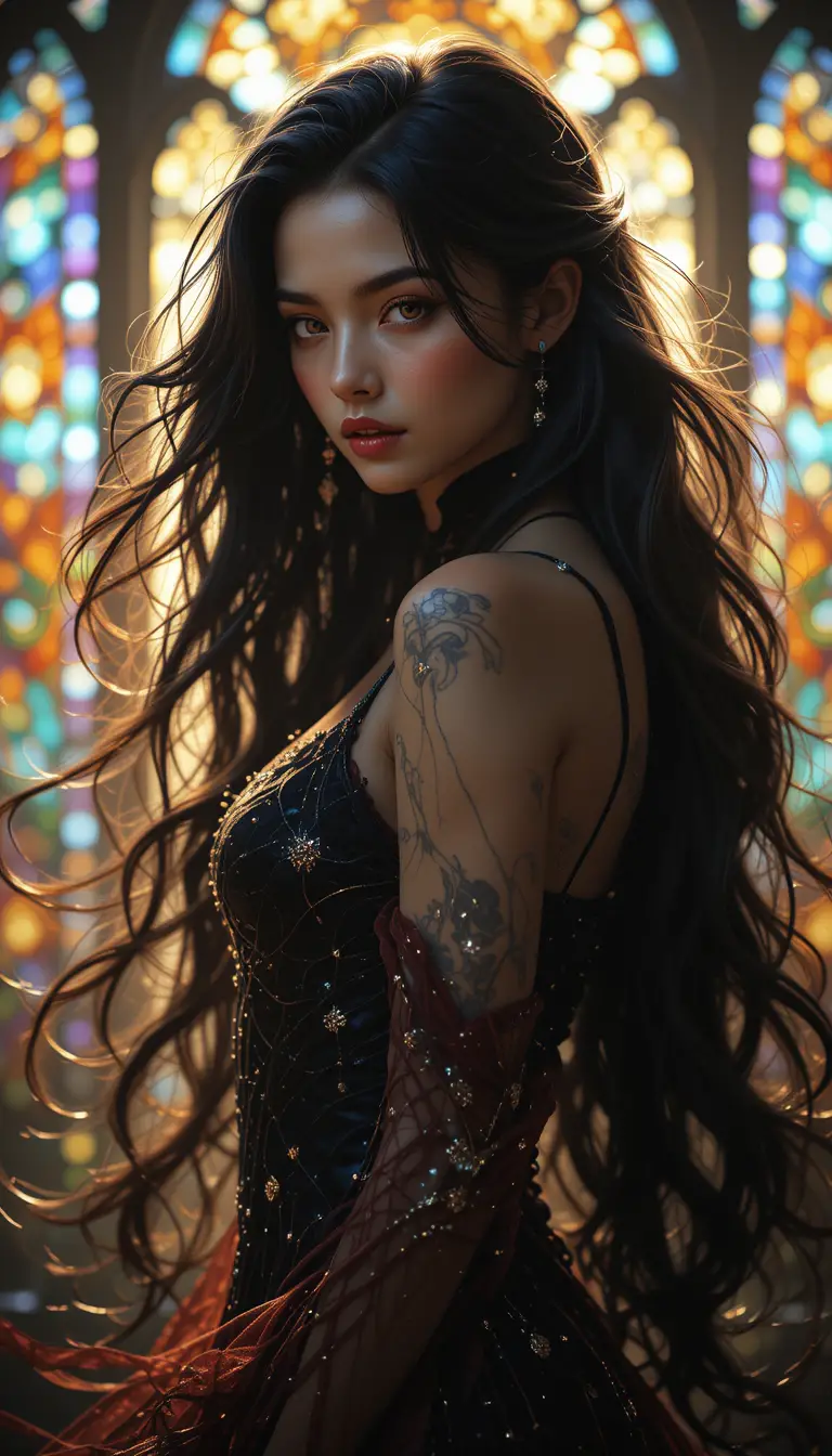 Radiant fantasy woman in stained glass colored light