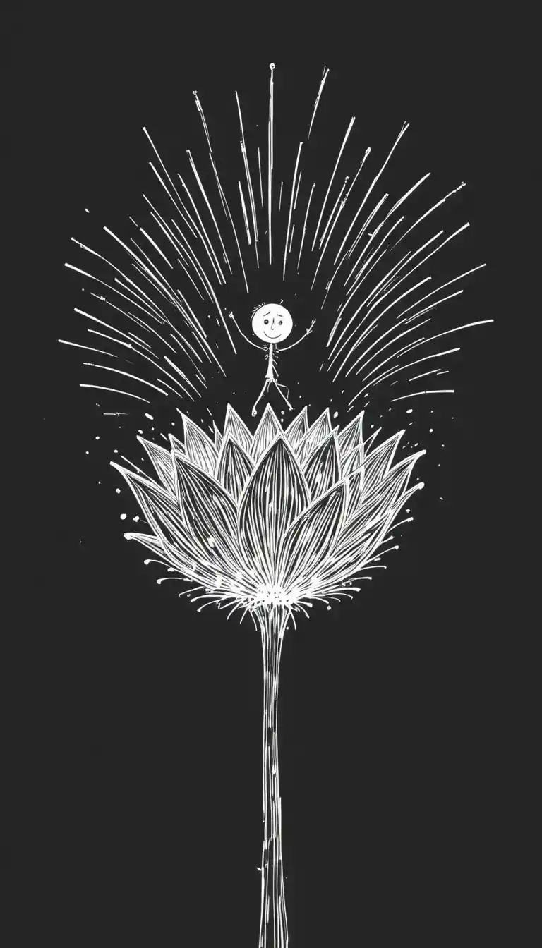 Stick figure riding exploding geometric flower on black background
