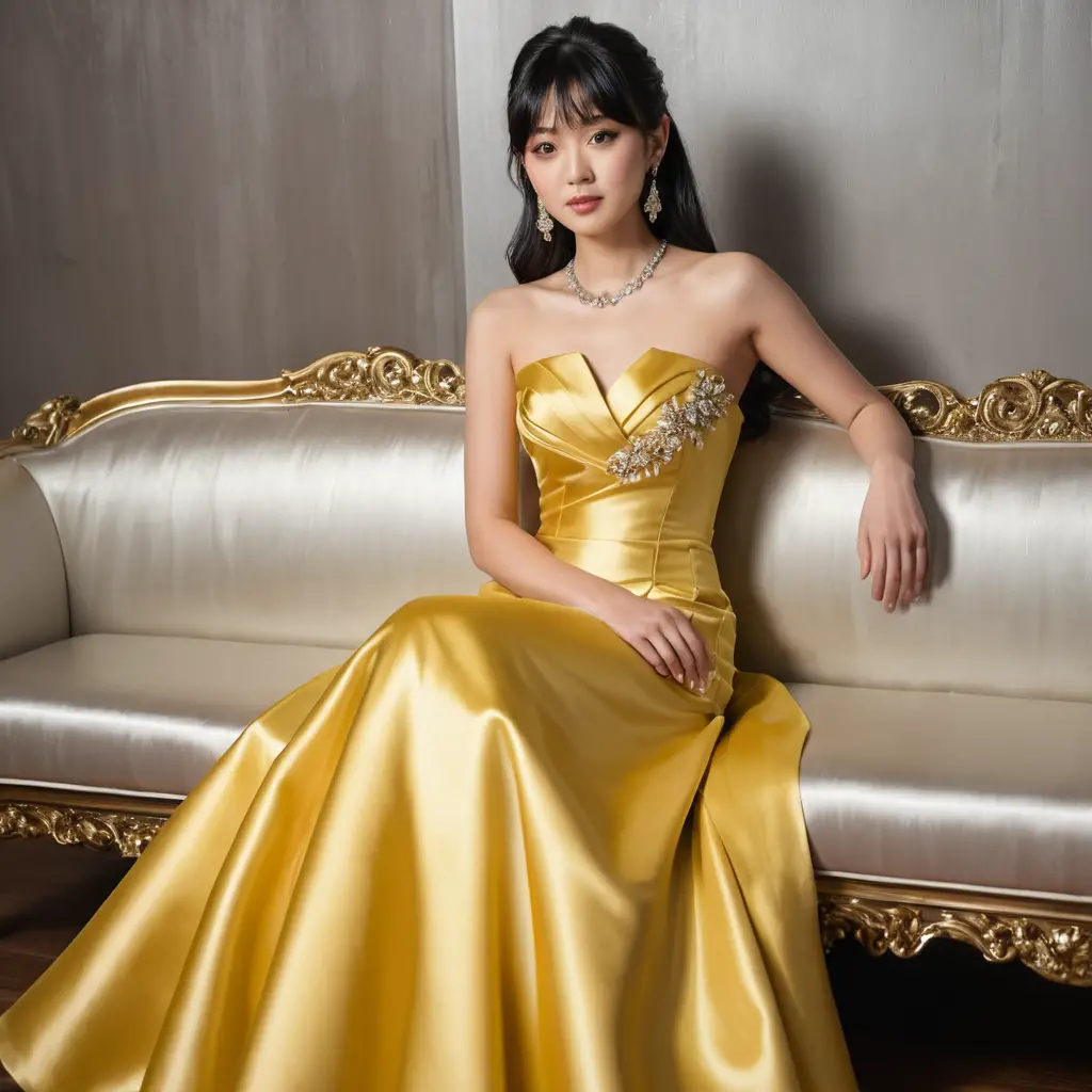 Elegant Japanese girl in gold satin strapless gown