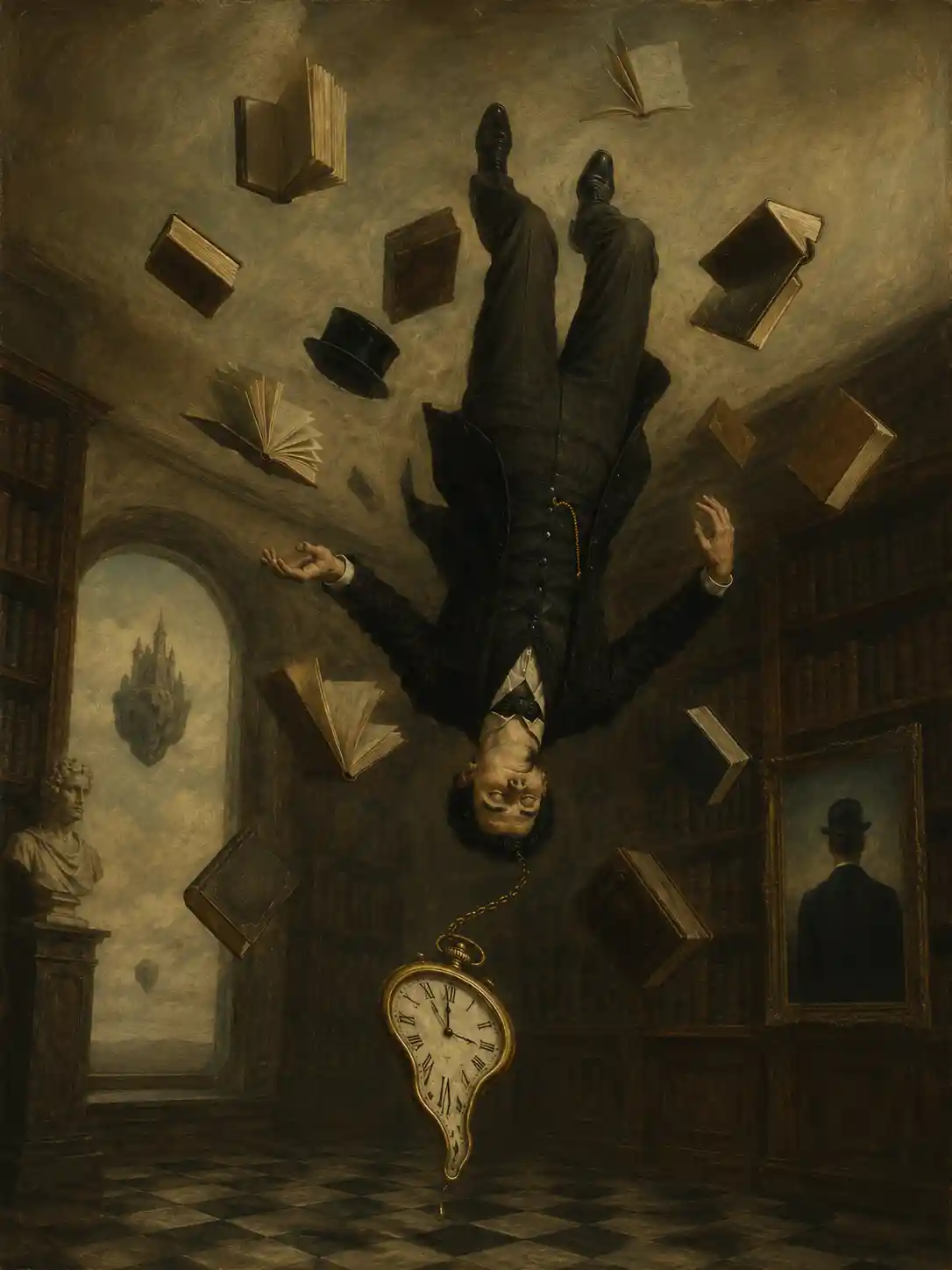 Hombre victoriano surrealista flotando boca abajo en una biblioteca silenciosa
