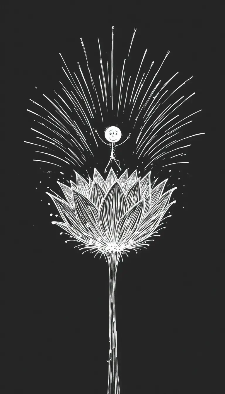 Stick figure riding exploding geometric flower on black background
