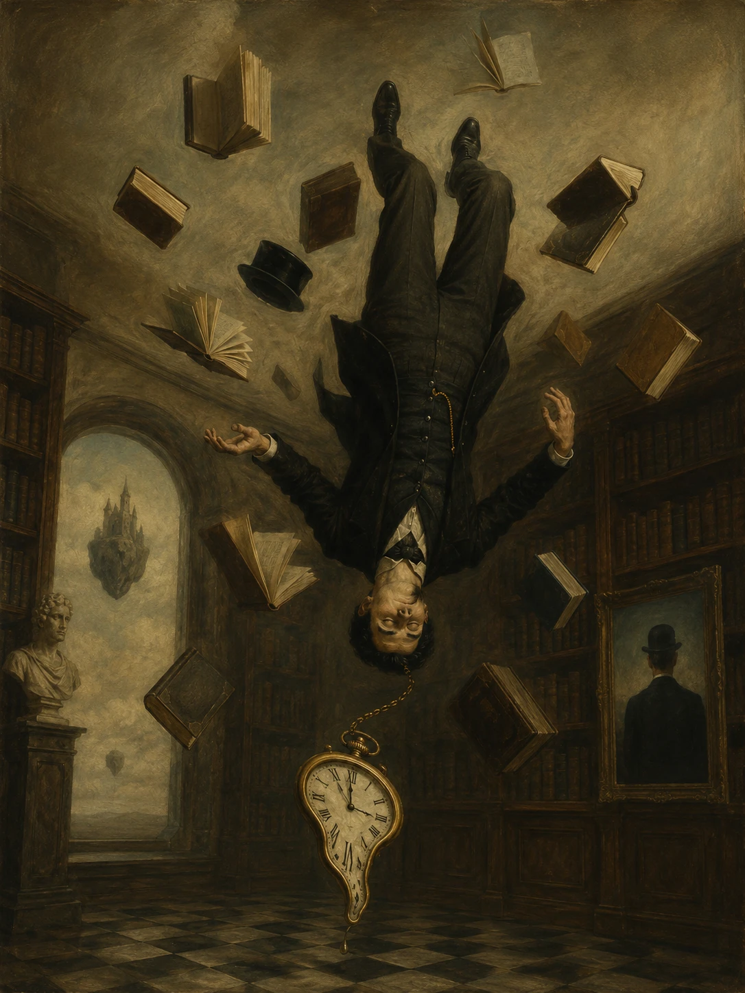 Hombre victoriano surrealista flotando boca abajo en una biblioteca silenciosa