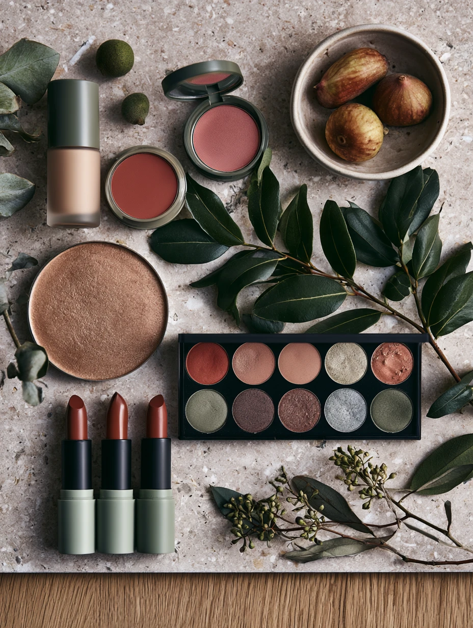 Luxury makeup collection with warm colorful cosmetic shades