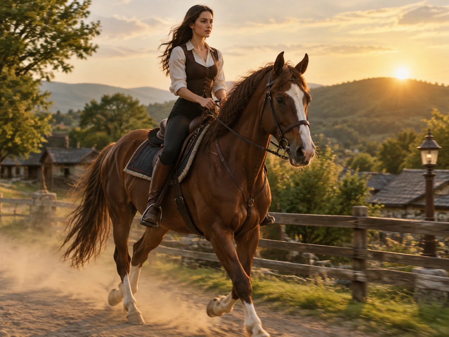 Horse and rider moving through a dusty village scene