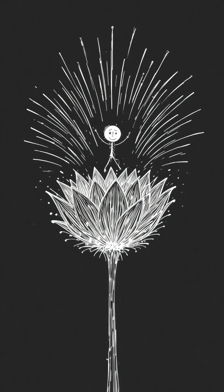 Stick figure riding exploding geometric flower on black background